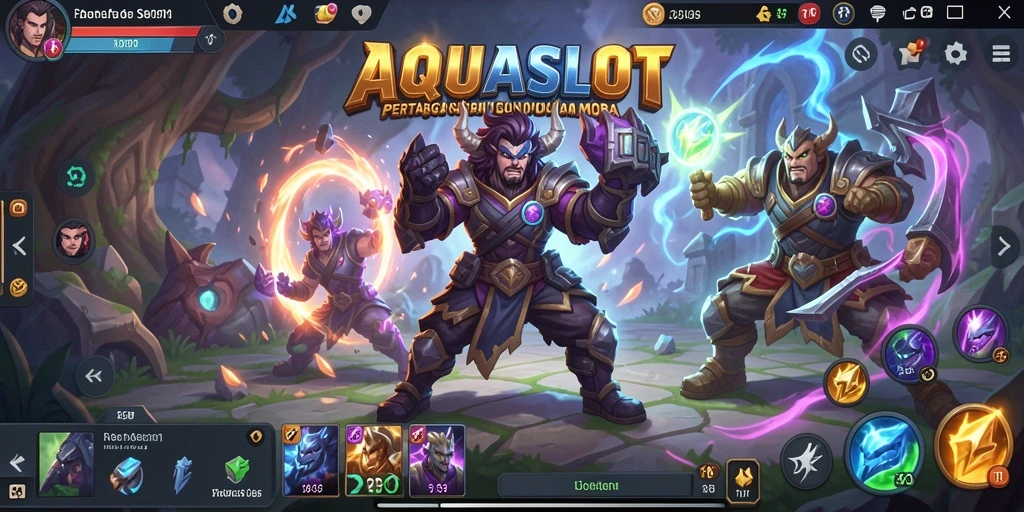 Screenshot gameplay AQUASLOT menampilkan pertarungan seru antar karakter di arena MOBA.