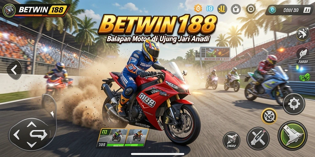 Screenshot gameplay BETWIN188 menampilkan aksi adrenalin balapan motor.