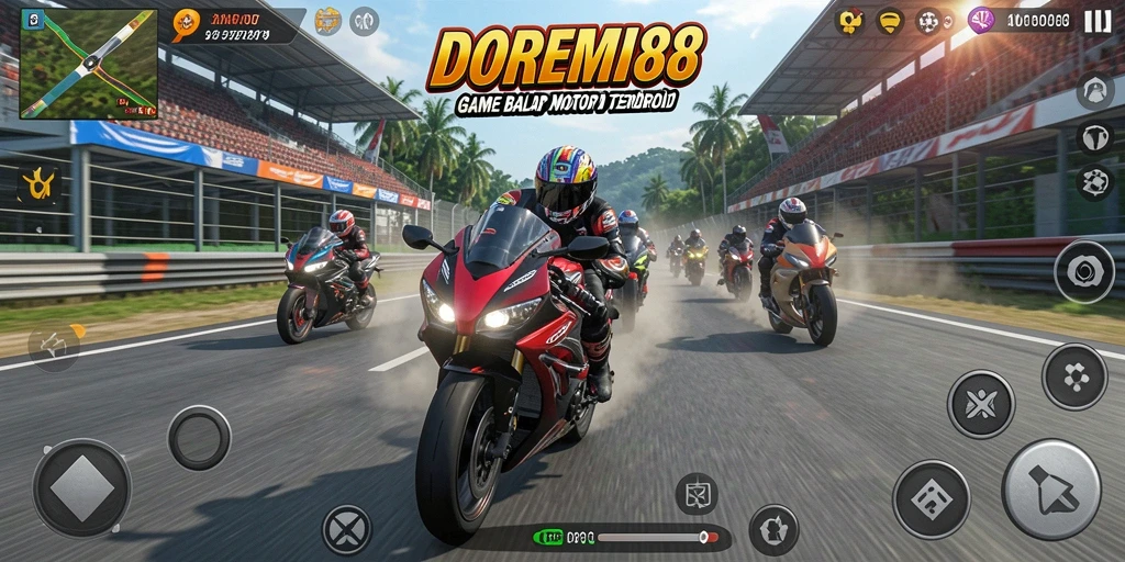 Tampilan gameplay seru balap motor DOREMI88 di trek menantang.