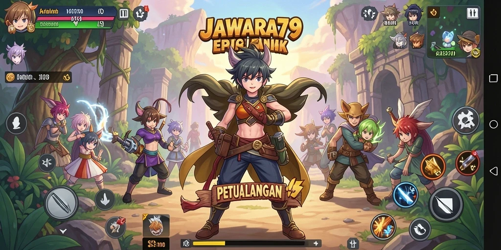Tampilan dinamis dari karakter-karakter JAWARA79 dalam suasana pertarungan.