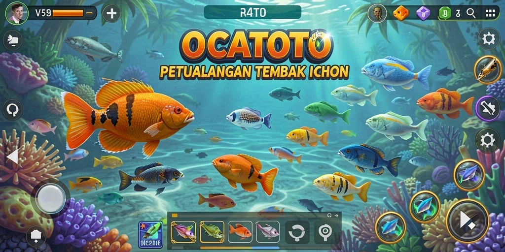 Screenshot gameplay OCATOTO dengan ikan berwarna-warni dan senjata menembak.