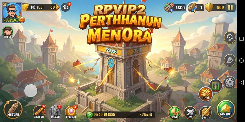 Screenshot gameplay RPVIP2 dengan menara yang siap menghalau musuh.