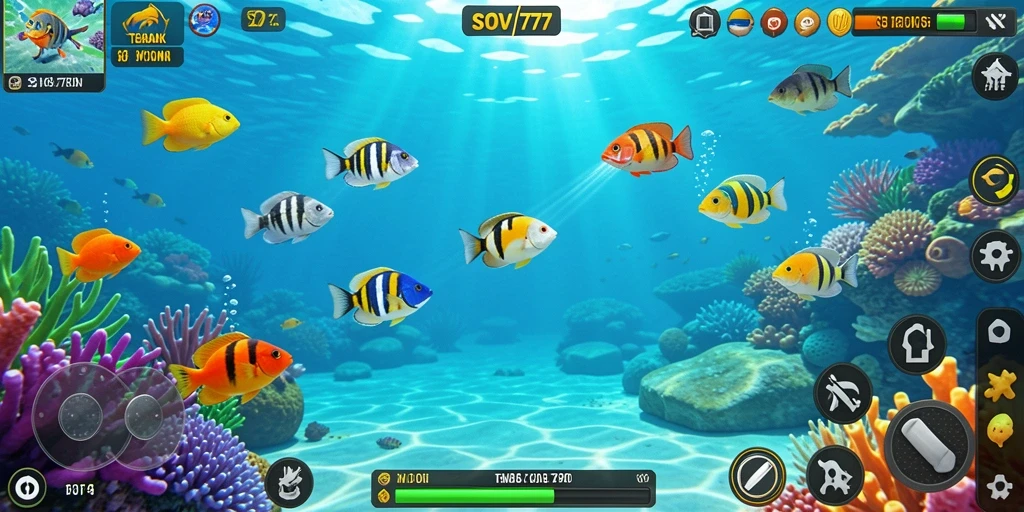 Tampilan gameplay menarik dari SOV777 dengan berbagai jenis ikan berwarna-warni.